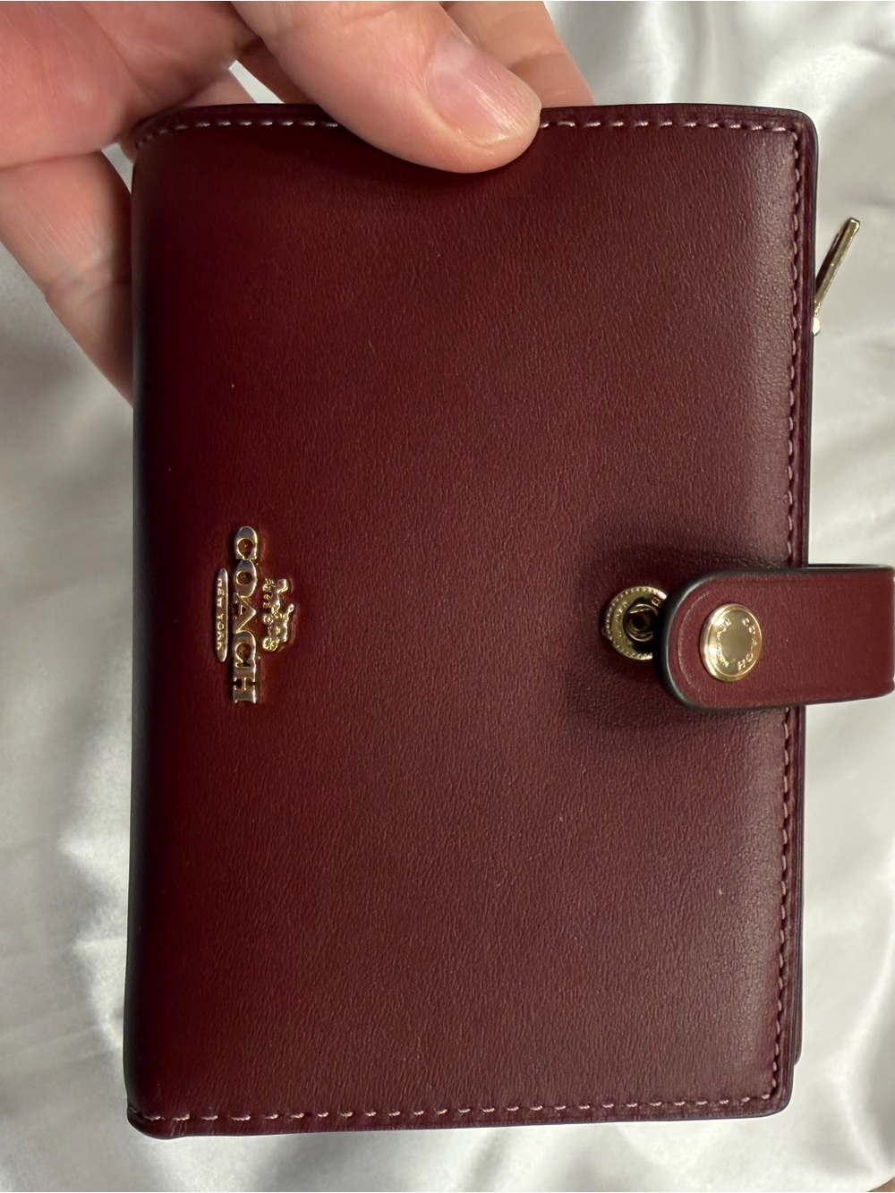 Coach Burgundy Leather Snap Card Holder with Gold Hardware